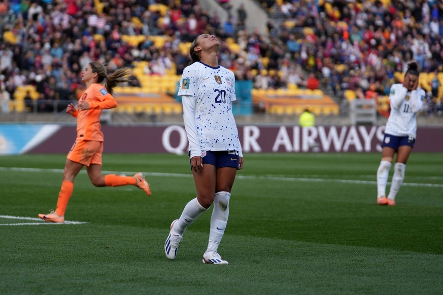 Soccer: FIFA Women s World Cup-Netherlands at USA Jul 27, 2023 Wellington, NZL United States forward Trinity Rodman 20 reacts after missing a shot against the Netherlands during the second half in a g ...