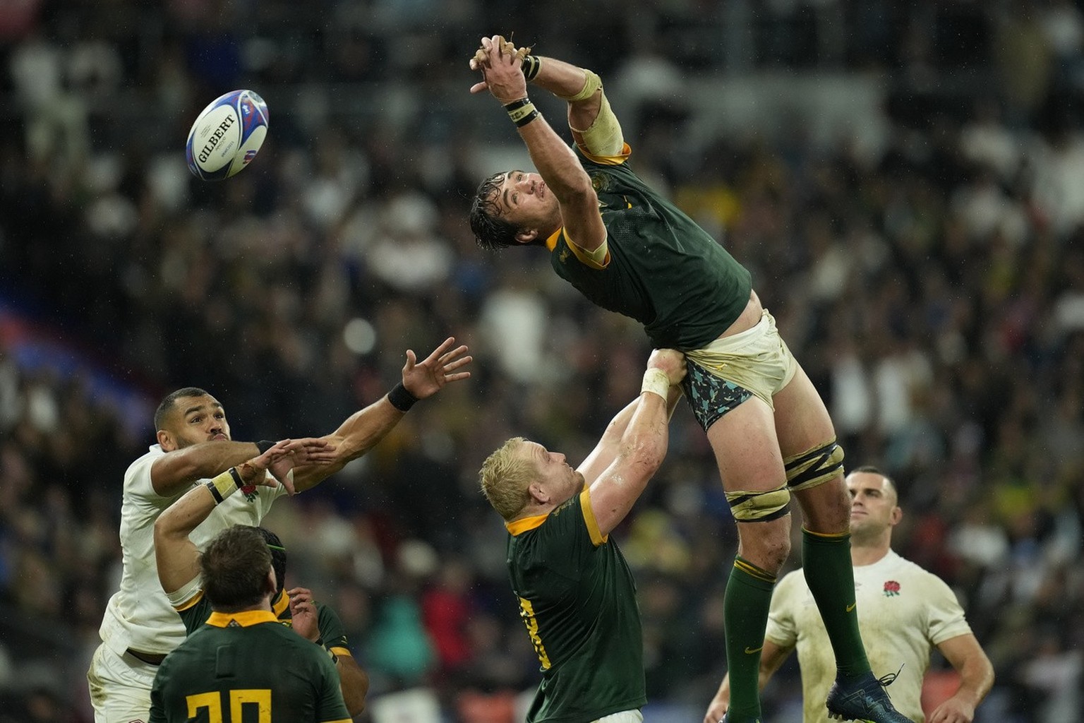 South Africa&#039;s Franco Mostert fails to collect the ball in a line out during the Rugby World Cup semifinal match between England and South Africa at the Stade de France in Saint-Denis, outside Pa ...