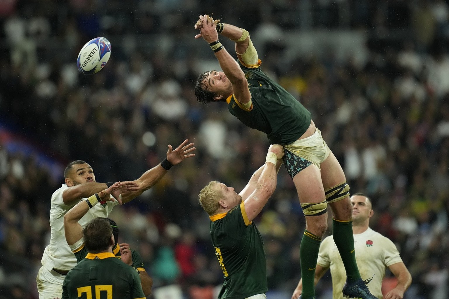 South Africa's Franco Mostert fails to collect the ball in a line out during the Rugby World Cup semifinal match between England and South Africa at the Stade de France in Saint-Denis, outside Pa ...