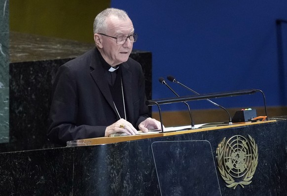 FILE - Secretary of State of the Holy See Cardinal Pietro Parolin addresses the the Summit of the Future, in the United Nations General Assembly, Sept. 23, 2024. (AP Photo/Richard Drew, file)
Pietro P ...
