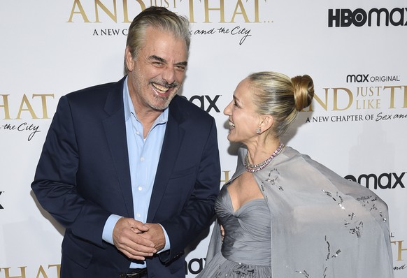 Chris Noth, left, and Sarah Jessica Parker attend the premiere of HBO&#039;s &quot;And Just Like That&quot; at the Museum of Modern Art on Wednesday, Dec. 8, 2021, in New York. (Photo by Evan Agostini ...