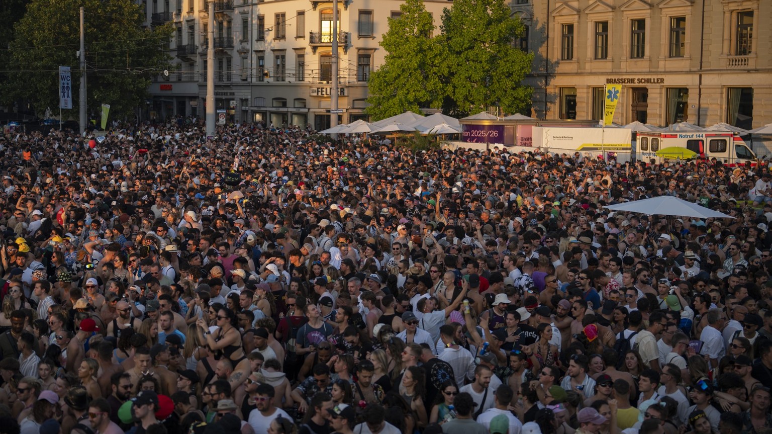 Hundreds of thousands of participants dancing through the streets during the 32th Street Parade in the city center of Zurich, Switzerland, Saturday, August 9, 2025. The annual dance music event Street ...