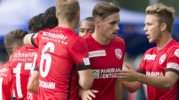 Die Thuner Spieler jubeln nach dem ersten Tor im Fussball Testspiel zwischen dem FC Thun und dem FCZ, am Samstag, 1. Juli 2017, in Erlenbach im Simmental. (KEYSTONE/Thomas Delley)