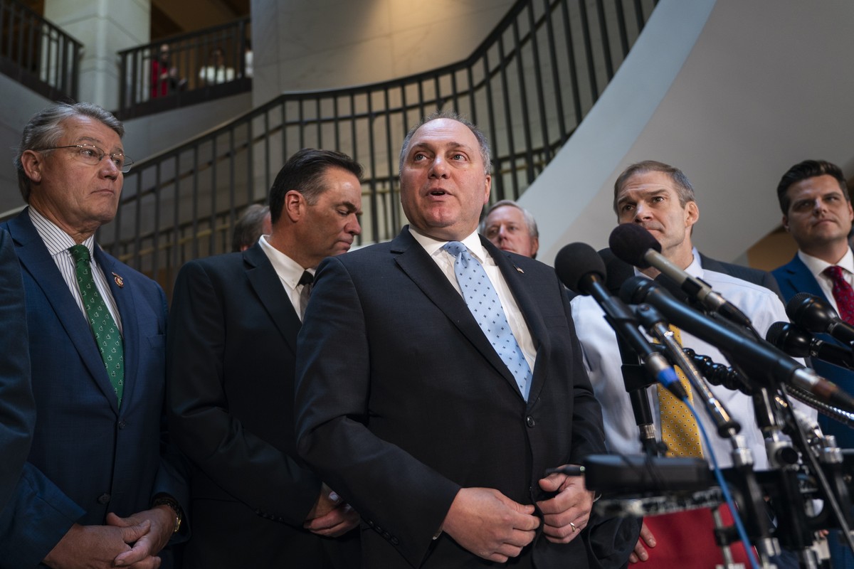epa07943899 Republican Representative from Louisiana Steve Scalise speaks to the media after he and two dozen other Republican lawmakers stormed into the room used by the House of Representatives' ...