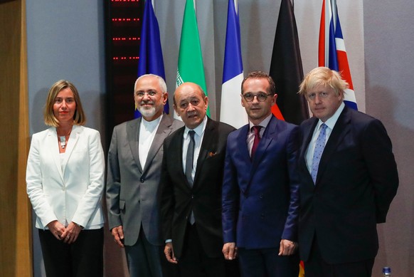 epa06739964 Foreign Minister of Iran Mohammad Javad Zarif (2-L) with European High Representative Frederica Mogherini (L) and E3 Foreign Ministers Heiko Maas, Foreign Minister of Germany, Jean-Yves Le ...