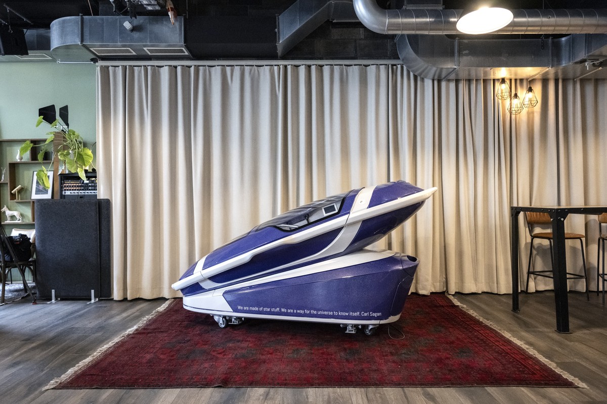 epa11483316 The death capsule 'Sarco' developed by Exit International is presented during a press conference at Resilient Studios in Zurich, Switzerland, 17 July 2024. The Last Resort euthan ...