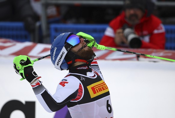 Austria&#039;s Marco Schwarz gets to the finish area after completing the men&#039;s slalom, at the alpine ski World Championships in Are, Sweden, Sunday, Feb. 17, 2019. (AP Photo/Marco Trovati)