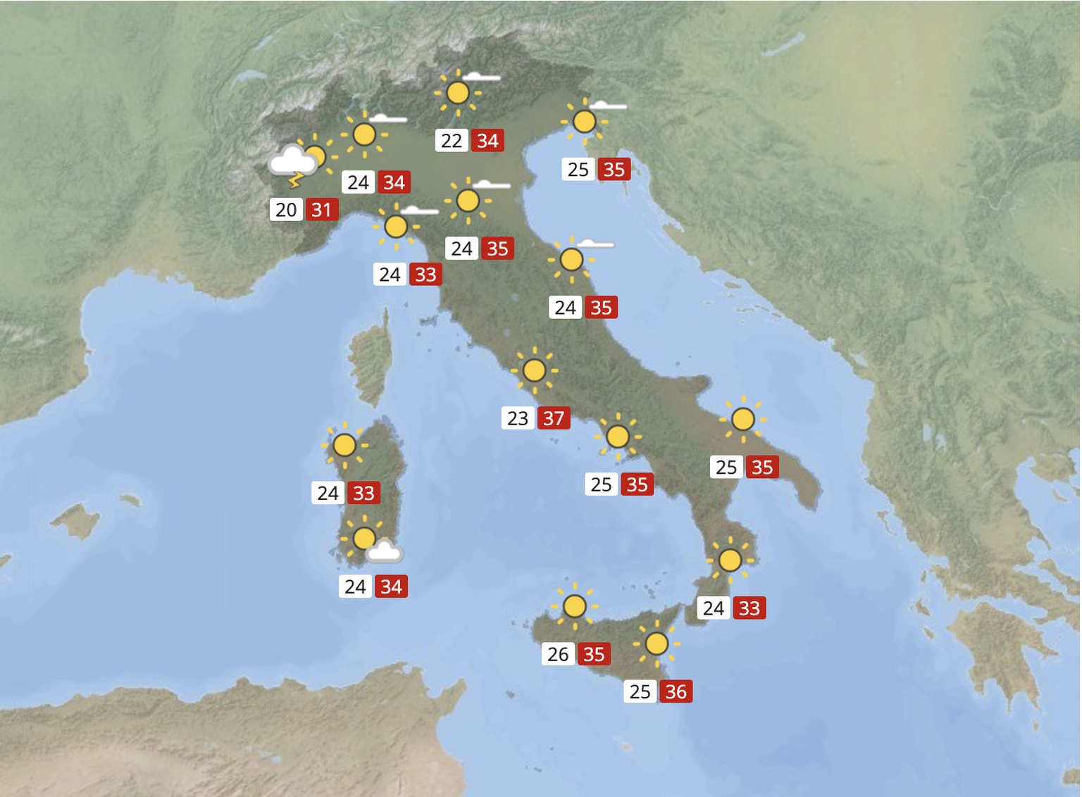 Die Wettervorhersage für Mittwoch, 14. August, in Italien.
