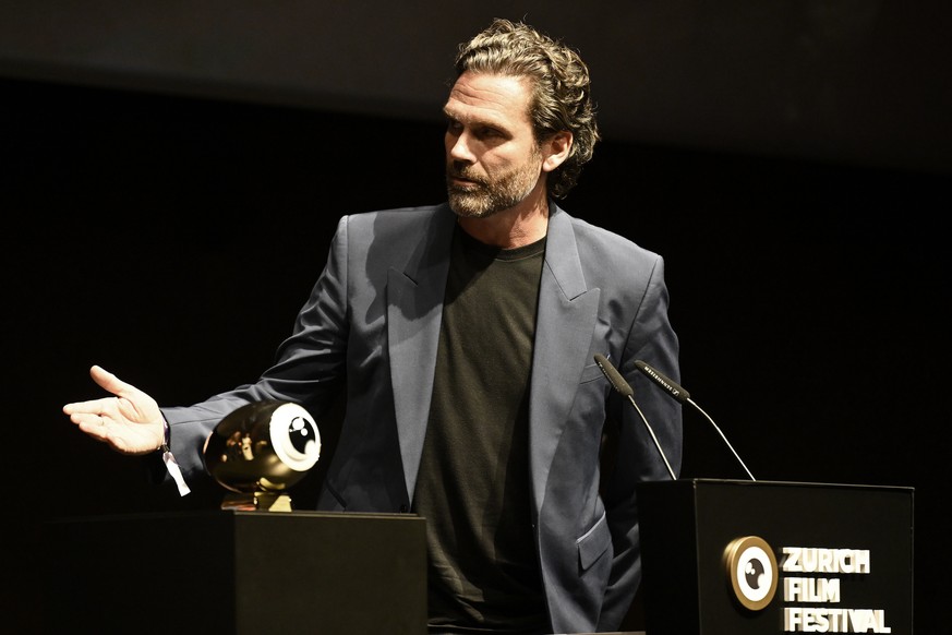 Pete Muller receives the Golden Eye Award for Bucks Harbor during the Award Night ceremony of the 22nd Zurich Film Festival (ZFF) in Zurich, Switzerland, Saturday, October 3, 2026. (KEYSTONE/Walter Bi ...