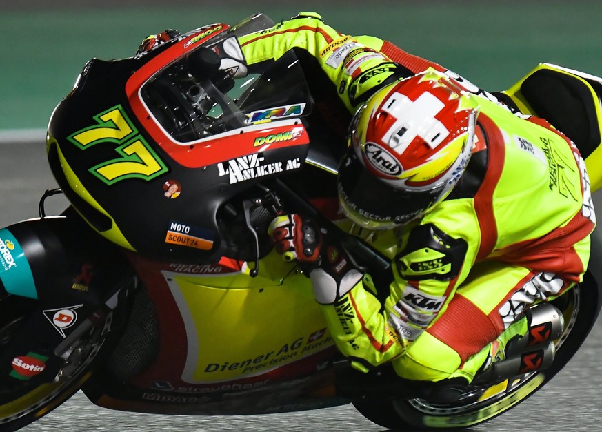 epa06608563 Swiss Moto2 rider Dominique Aegerter of Kiefer Racing in action during a free practice session for the Motorcycling Grand Prix of Qatar at Al Losail International Circuit in Doha, Qatar, 1 ...