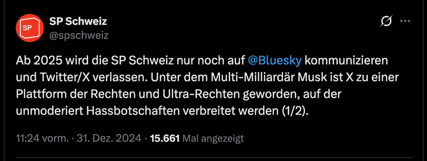 Rückzug der SP Schweiz von der Social-Media-Plattform X, angekündigt am 31. Dezember 2024.
