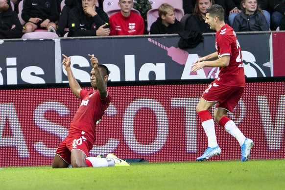 Rangers&#039; Alfredo Morelos reacts after scoring during the Europa League third round qualifying soccer match between FC Midtjylland and Rangers FC at MCH Arena in Herning, Denmark, Thursday Aug. 8, ...