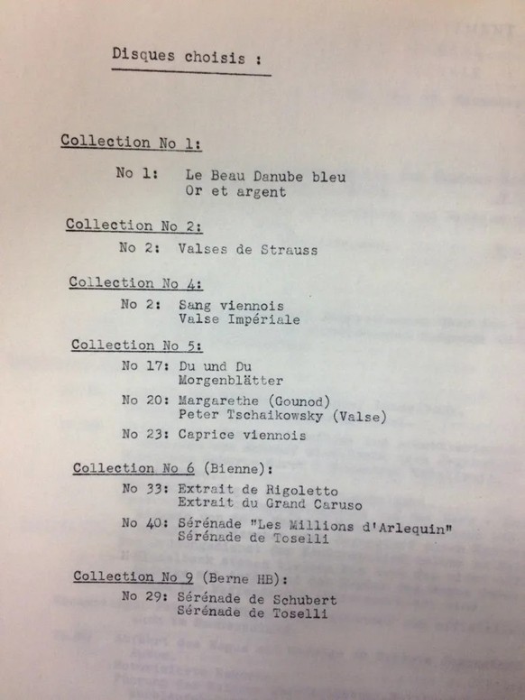 Von der Betriebsabteilung der Generaldirektion der Schweizerischen Bundesbahnen zusammengestellt: Die Liste mit der Musikauswahl den roten «Doppelpfeil»-Sonderzug.