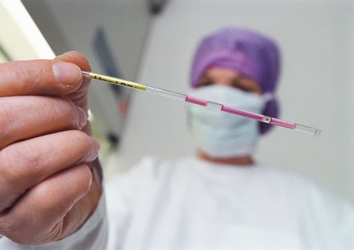 La responsable du laboratoire en matière de FIV (fécondation in vitro) de l'hôpital universitaire d’obstétrique et de gynécologie de Berne montre une paillette contenant des ovules fécondés.