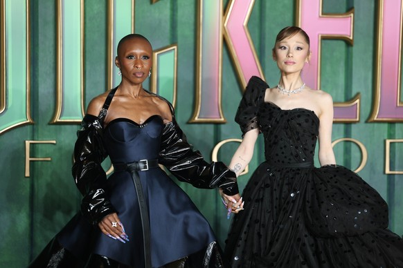 epa12516815 British actor/cast member Cynthia Erivo (L) and US actor/cast member Ariana Grande attend the European Premiere of 'Wicked: For Good' in London, Britain, 10 November 2025. The fi ...