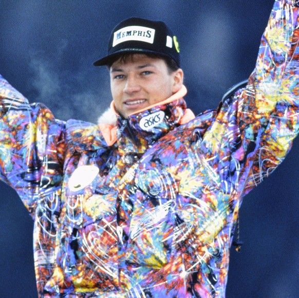 Ski WM 1991, Super G Herren: Stefan Eberharter SKI ALPIN SAISON 90/91 WM 1991 Saalbach-Hinterglemm Super G Herren 23.01.1991 Stephan EBERHARTER (AUT) jubelt ueber seinen Weltmeistertitel. Saalbach-Hin ...
