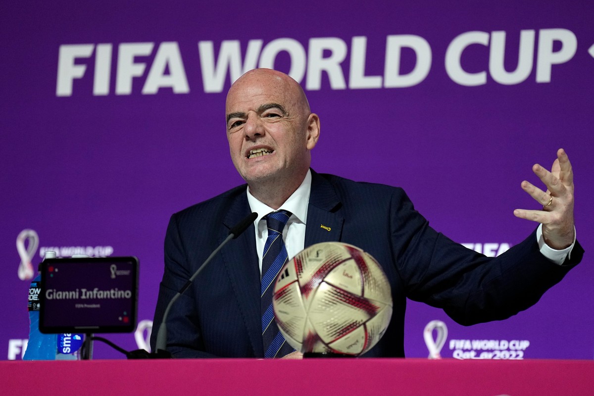 FILE - FIFA President Gianni Infantino gestures as he meets the media at the FIFA World Cup closing press conference in Doha, Qatar, Friday, Dec. 16, 2022. (AP Photo/Martin Meissner, File)
FIFA Infant ...