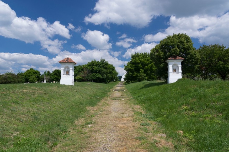«Old cemetery hill with two wayside shrines in Budajeno village which belongs to Budapest metropolitan area.»