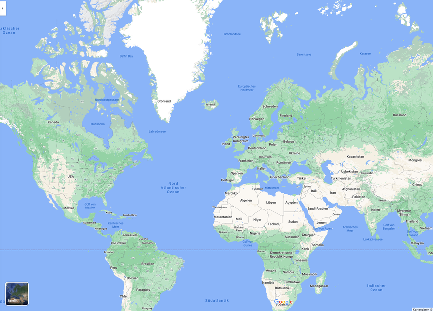Grönland mit 2,2 Millionen km2 ist so gross abgebildet wie Afrika mit einer Fläche von 30,3 Millionen km2.