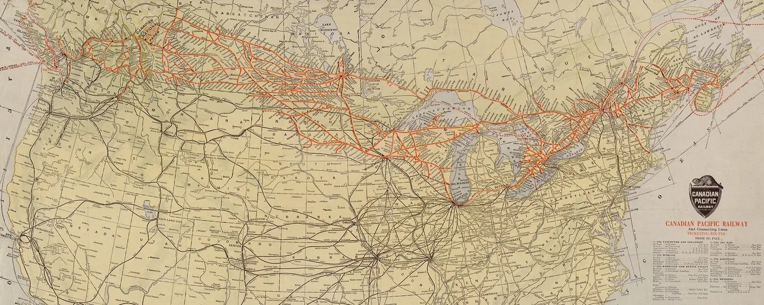 Die roten Linien zeigen das Netzwerk der Canadian Pacific Railway um 1912.
https://www.loc.gov/resource/g3701p.ct001841/?st=image&amp;r=-0.295,-0.151,1.111,0.911,0