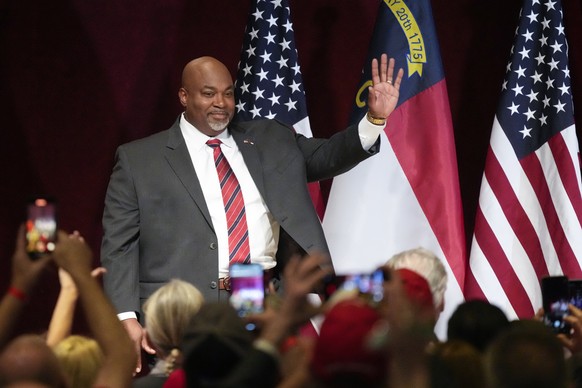 North Carolina Lt. Gov. Mark Robinson speaks at an election night event in Greensboro, N.C., Tuesday, March 5, 2024. (AP Photo/Chuck Burton)
Mark Robinson