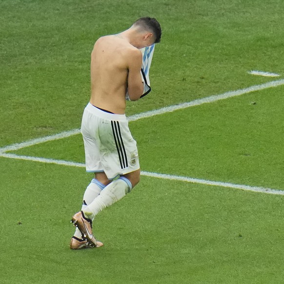 Argentina&#039;s Gonzalo Montiel celebrates after scoring the last penalty at the penalty shootout during the World Cup final soccer match between Argentina and France at the Lusail Stadium in Lusail, ...