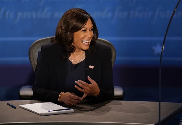 Democratic vice presidential candidate Sen. Kamala Harris, D-Calif., makes a point to Vice President Mike Pence during the vice presidential debate Wednesday, Oct. 7, 2020, at Kingsbury Hall on the ca ...