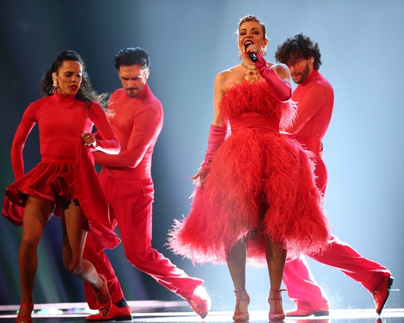 epa10615657 Mimicat of Portugal (C) performs with dancers during a rehearsal for the 67th annual Eurovision Song Contest (ESC) at the M&amp;S Bank Arena in Liverpool, Britain, 08 May 2023. Liverpool i ...