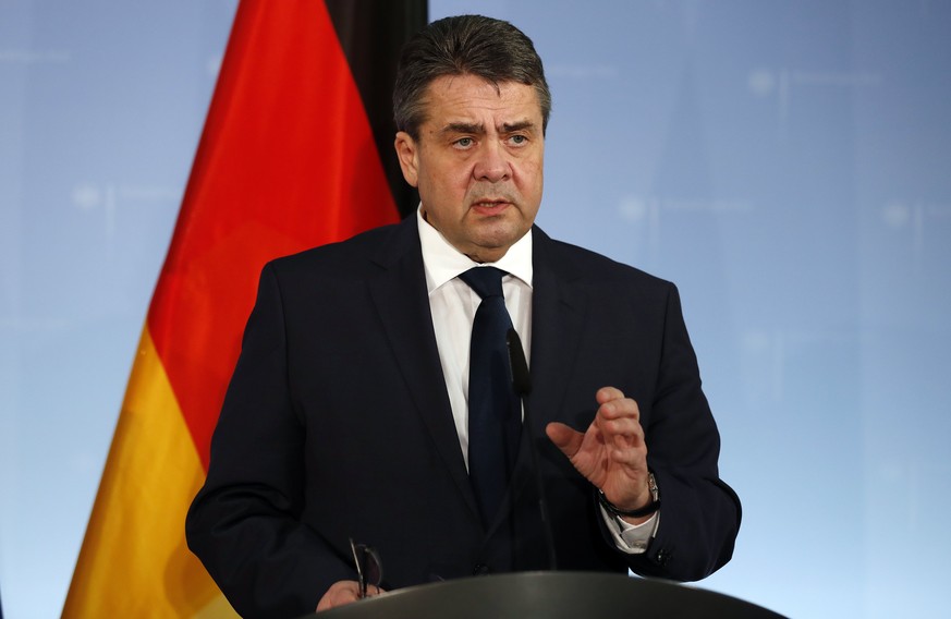epa05808544 German Foreign Minister Sigmar Gabriel speaks during his joint news conference with Dutch Foreign Minister Bert Koenders (unseen) in the Foreign Office in Berlin, Germany, 22 February 2017 ...