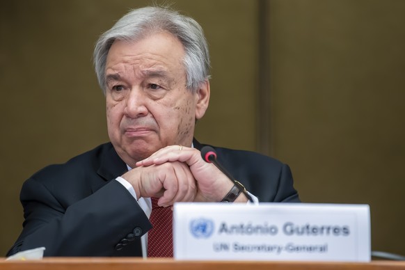 U.N. Secretary-General Antonio Guterres, speaks to the media, during a press conference about the end of a 5+1 Meeting on Cyprus, at the European headquarters of the United Nations in Geneva, Switzerland, Thursday, April 29, 2021. (KEYSTONE/Martial Trezzini)