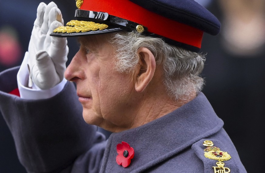 Britain&#039;s King Charles III attends the Remembrance Sunday ceremony at the Cenotaph on Whitehall in London, Sunday Nov. 13, 2022. (Toby Melville/Pool via AP)