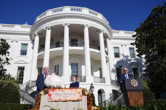 President Joe Biden speaks during a pardoning ceremony for the national Thanksgiving turkey, Peach, on the South Lawn of the White House in Washington, Monday, Nov. 25, 2024, as John Zimmerman, chair  ...