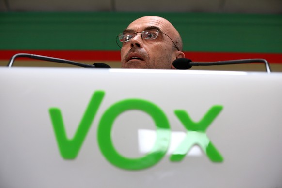 epa07986845 European MP of Spanish Party Vox Jorge Buxade speaks during a press conference at the party headquarters in Madrid, Spain, 10 November 2019. Spain holds general elections after acting soci ...