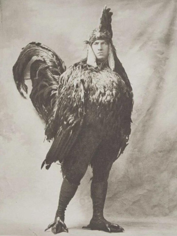 Man in chicken suit, 1910.