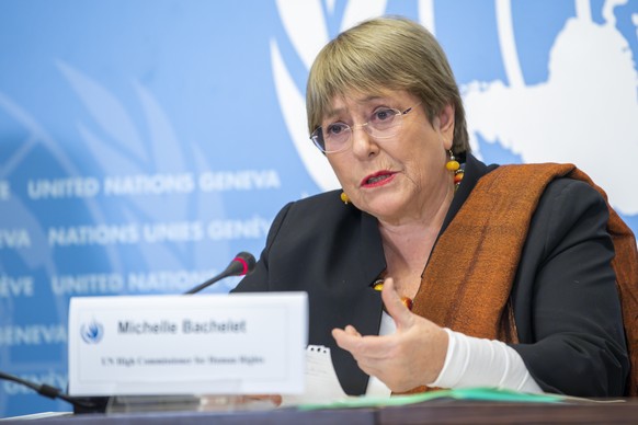 epa09561069 Michelle Bachelet, UN High Commissioner for Human Rights, speaks to the media about the Tigray, joint investigation into alleged violations of international human rights, humanitarian and  ...