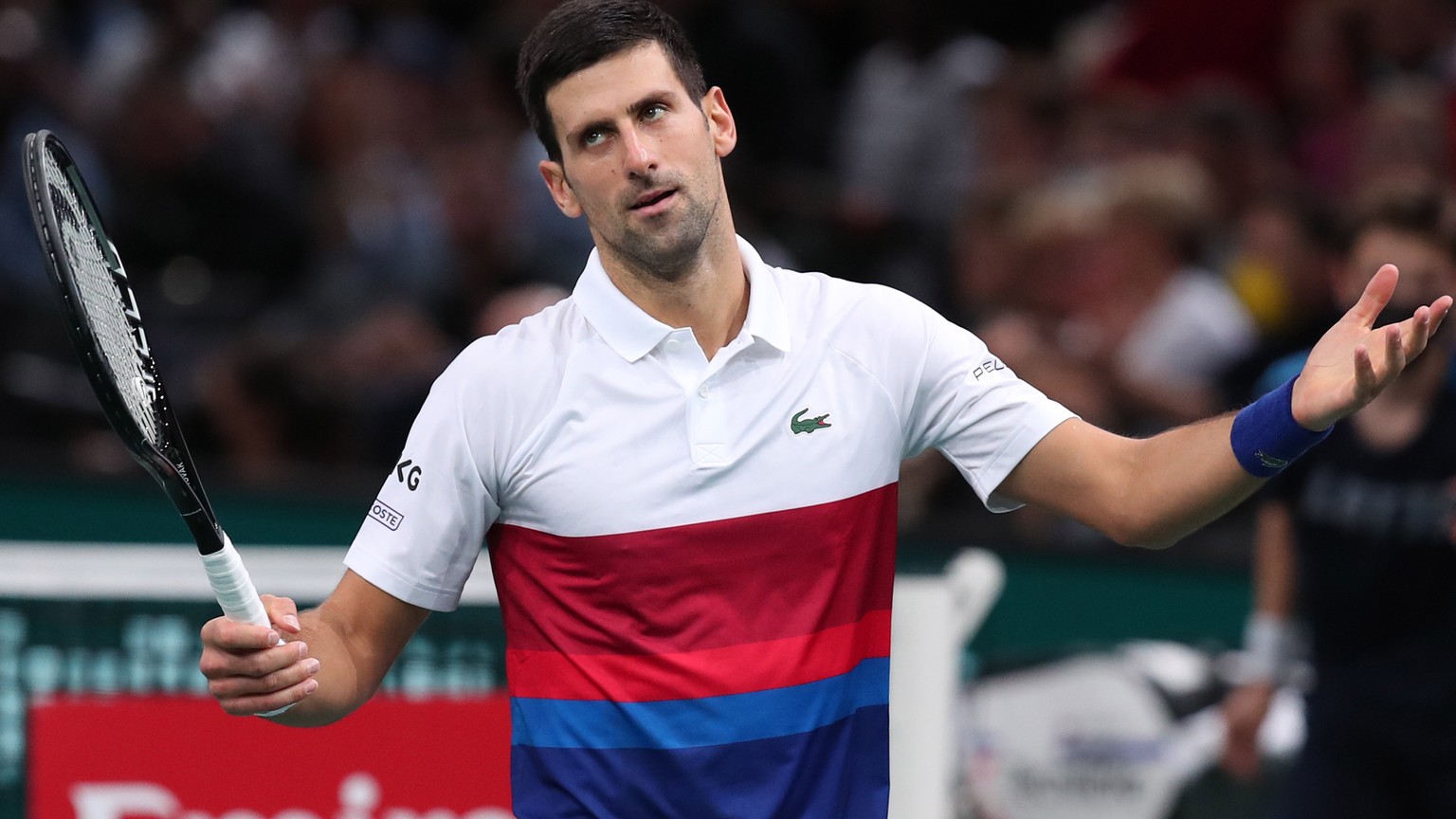 epa09688753 (FILE) - Novak Djokovic of Serbia reacts during the final match against Daniil Medvedev of Russia at the Rolex Paris Masters tennis tournament in Paris, France, 07 November 2021 (reissued  ...