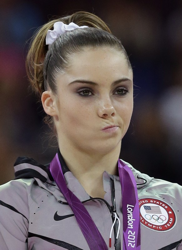 FILE - This Aug. 5, 2012, file photo shows U.S. silver medal gymnast McKayla Maroney during the podium ceremony for the artistic gymnastics women&#039;s vault finals at the 2012 Summer Olympics in Lon ...