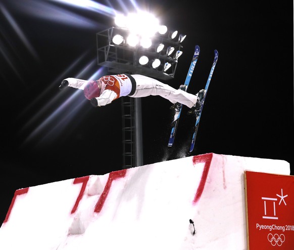 epa06528516 Catrine Lavallee of Cananda in action in the Women&#039;s Freestyle Skiing Aerials qualification at the Bokwang Phoenix Park during the PyeongChang 2018 Olympic Games, South Korea, 15 Febr ...