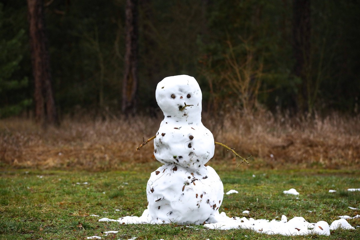 25.01.2023, xtgx, Symbolfotos Klimawandel. In Altes Lager in der Naehe von Jueterbog steht ein schmelzender Schneemann auf einer gruenen Wiese, auf der kurz zuvor noch Schnee lag. Altes Lager *** 25 0 ...
