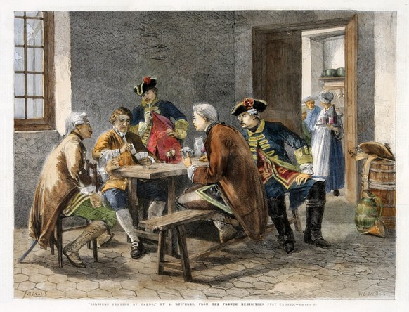 Soldats francais dans une taverne, 18e s Soldats francais jouant aux cartes, dans une taverne, la scene se deroule au 18eme siecle. Soldiers playing at cards, gravure de the illustrated london news 4/ ...