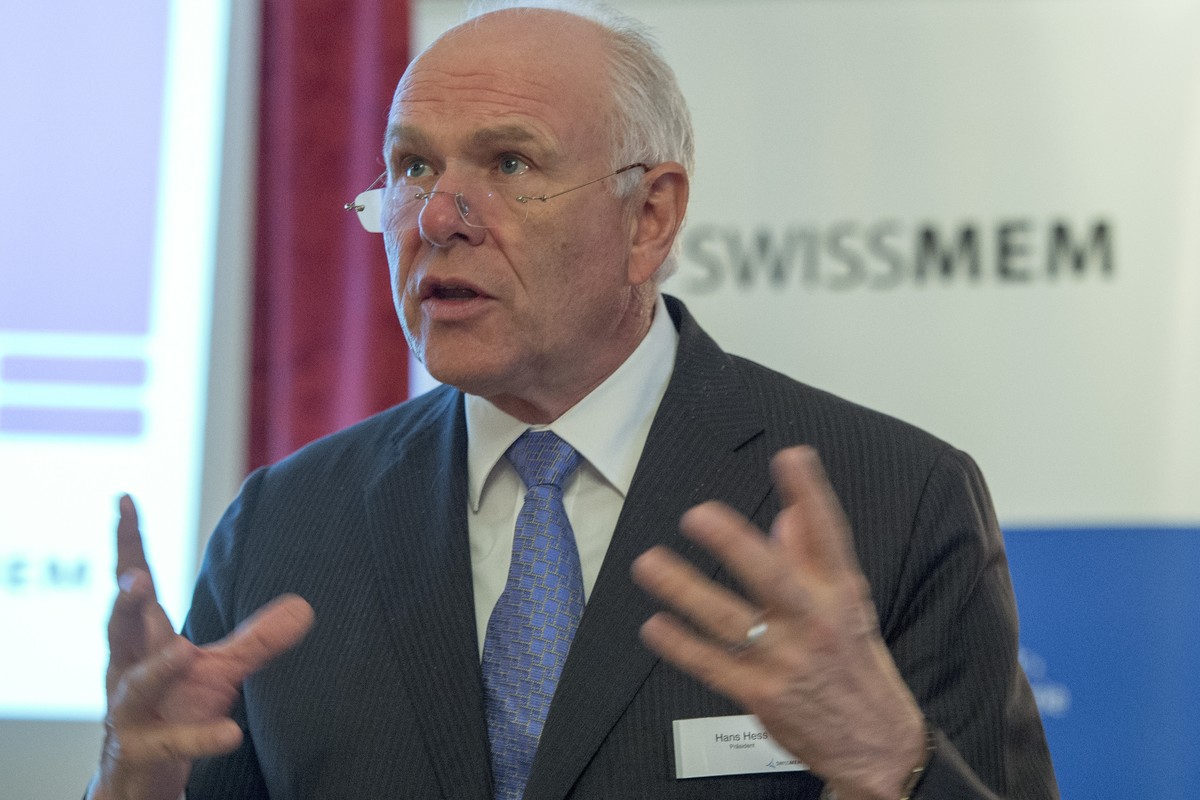 Hans Hess, Praesident Swissmem, aeussert sich zur Lage der Maschinenindustrie in der Schweiz an der Jahresmedienkonferenz des Verbands Swissmem, am Montag, 29. Februar 2016, in Bern. (KEYSTONE/Lukas L ...