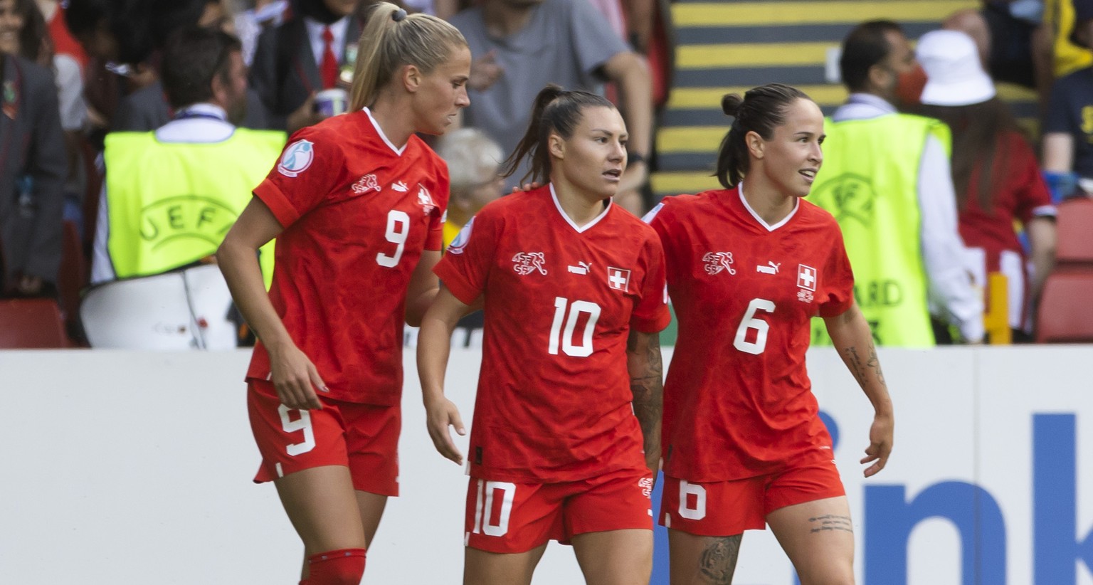 Switzerland&#039;s forward Ramona Bachmann, center, celebrates her goal with teammates Switzerland&#039;s forward Ana-Maria Crnogorcevic, left, and Switzerland&#039;s forward Geraldine Reuteler, right ...