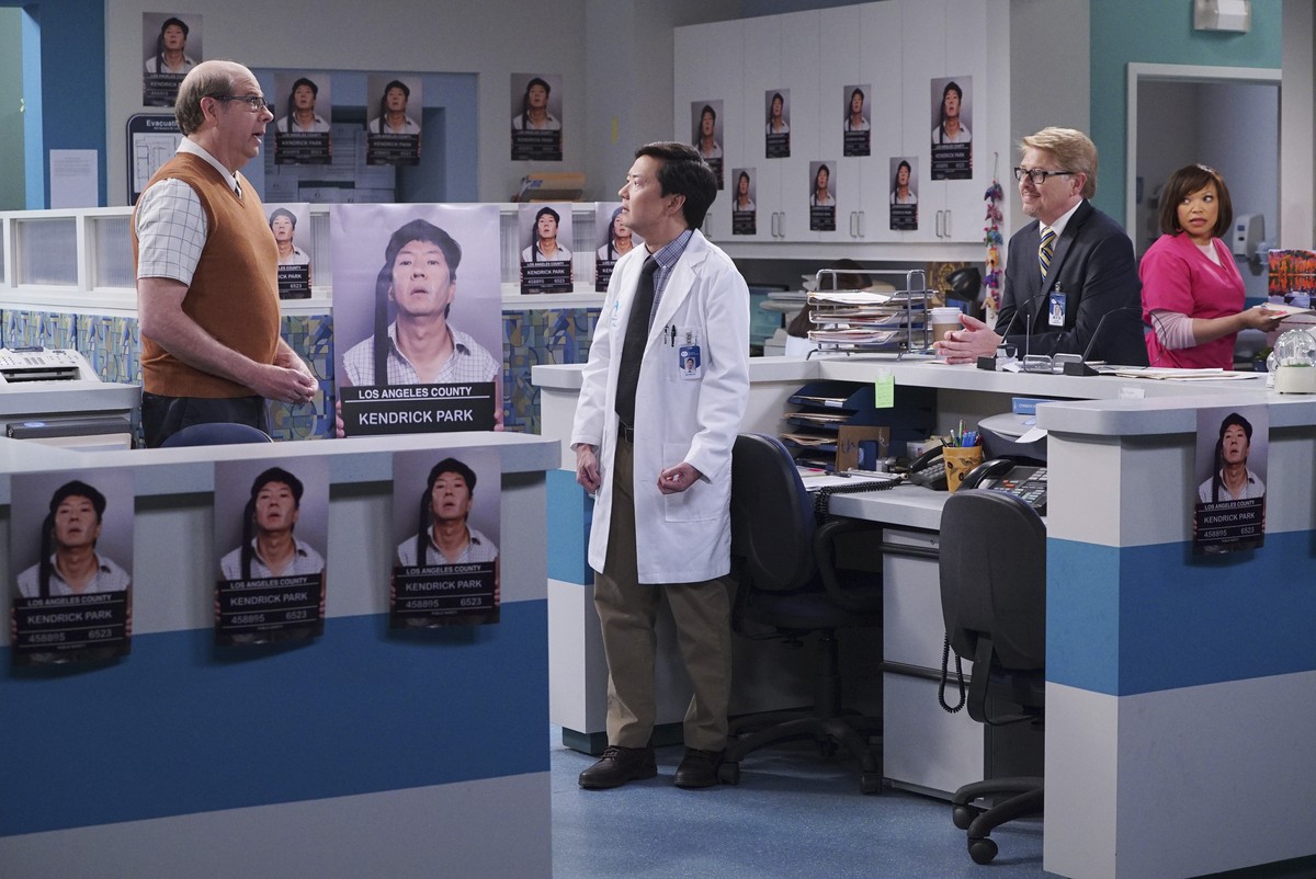 In this image released by ABC, from left, Stephen Tobolowsky, Ken Jeong, Dave Foley and Tisha Campbell-Martin appear in a scene from "Dr. Ken," premiering Oct. 2 on ABC. (Danny Feld/ABC via  ...