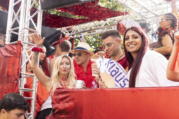 Alain Berset, Federal Councillor and President of the Swiss Confederation, on a Love Mobile, during the 30th Street Parade in the city center of Zurich, Switzerland, Saturday, August 12, 2023. The ann ...