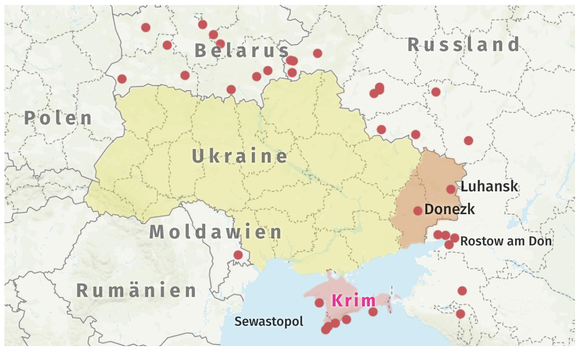Standorte der russischen und prorussischen Truppen am vergangenen Sonntag.