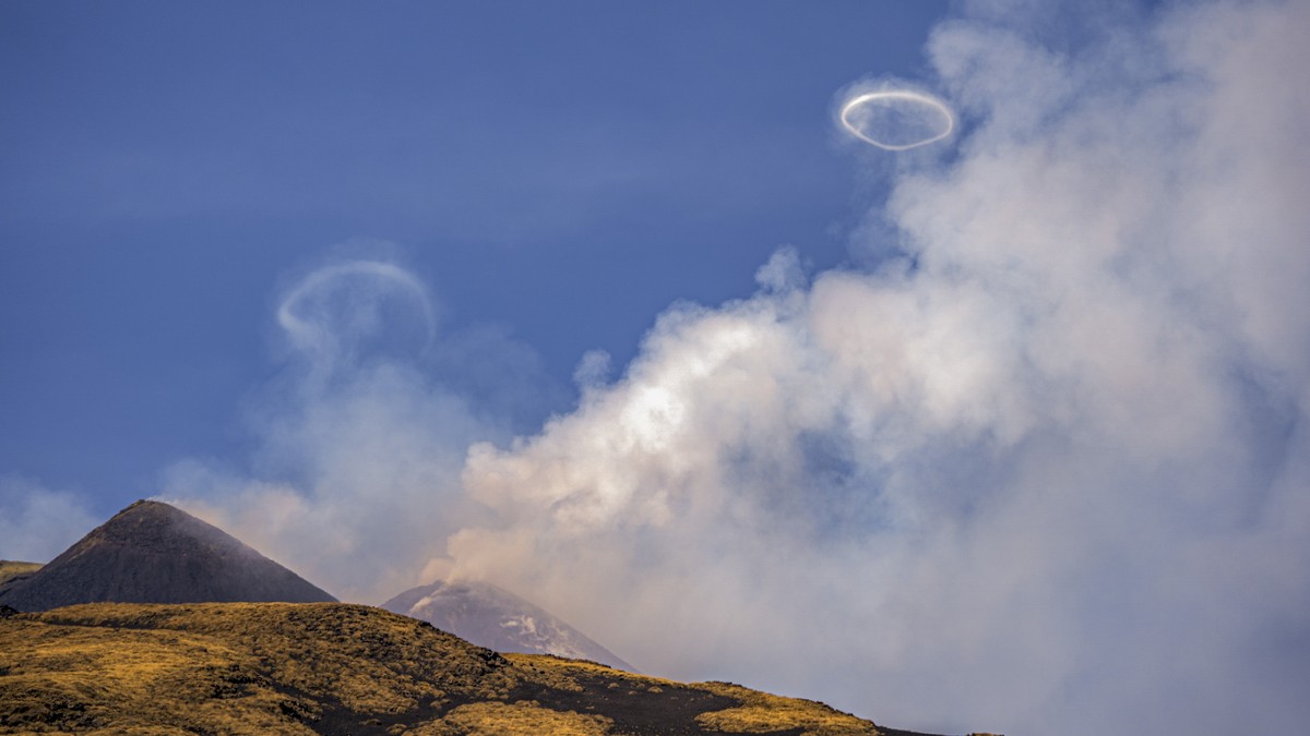 Volcanic vortex rings emerge from a new pit crater on the north side of the southeast crater of the Etna Volcano in Sicily, Italy, Friday, April 5, 2024. While the physical conditions under which volc ...