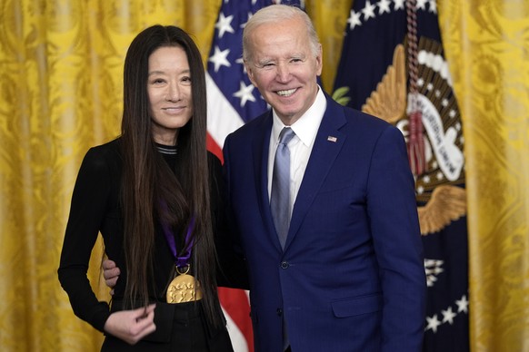 President Joe Biden presents the 2021 National Medal of the Arts to Vera Wang at White House in Washington, Tuesday, March 21, 2023. (AP Photo/Susan Walsh)
Joe Biden