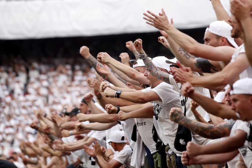 Fans cheer before the Europa League final soccer match between Eintracht Frankfurt and Rangers FC at the Ramon Sanchez Pizjuan stadium in Seville, Spain, Wednesday, May 18, 2022. (AP Photo/Pablo Garci ...