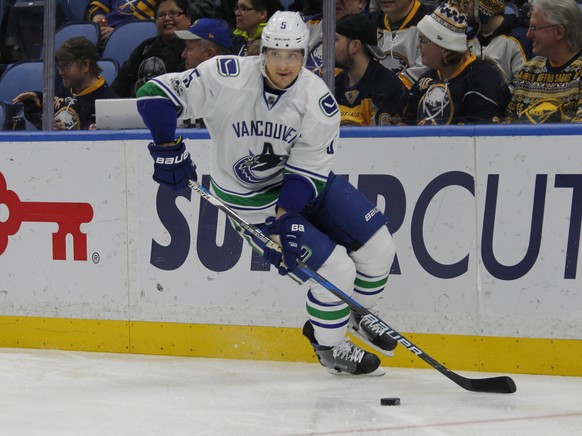 Vancouver Canucks defenseman Luca Sbisa (5) skates with the puck during the first period of an NHL hockey game against the Buffalo Sabres, Sunday, Feb. 12, 2017, in Buffalo, N.Y. (AP Photo/Jeffrey T.  ...