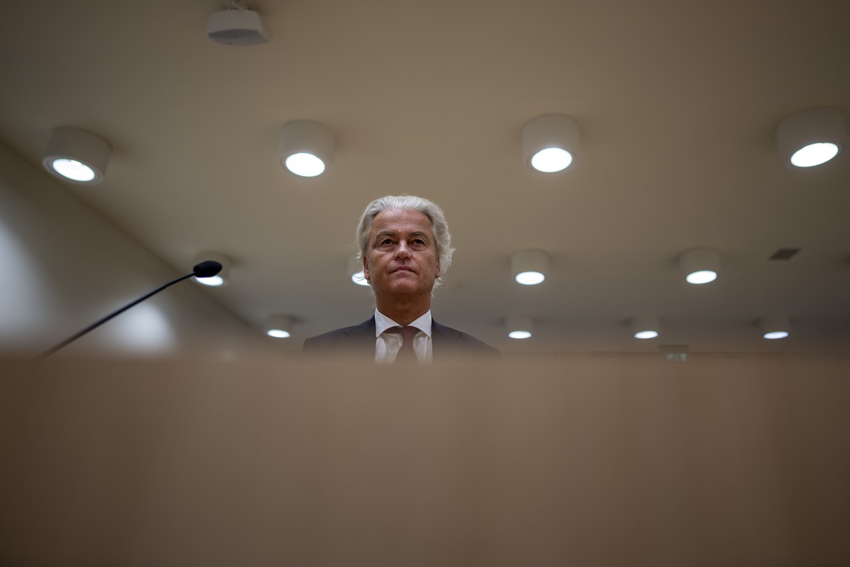 Anti-Islam lawmaker Geert Wilders, is seated at the high security court at Schiphol, near Amsterdam, Netherlands, Monday, Sept. 2, 2024, where two Pakistani men go on trial, likely in their absence, o ...
